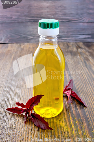 Image of Oil with amaranth in bottle on dark board