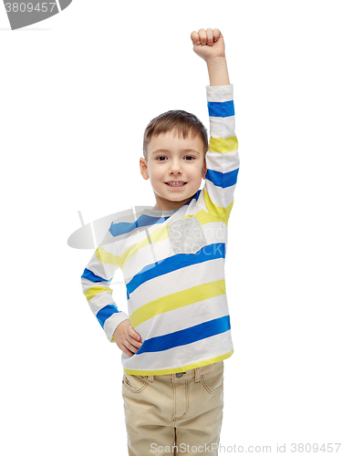 Image of happy smiling little boy with raised hand