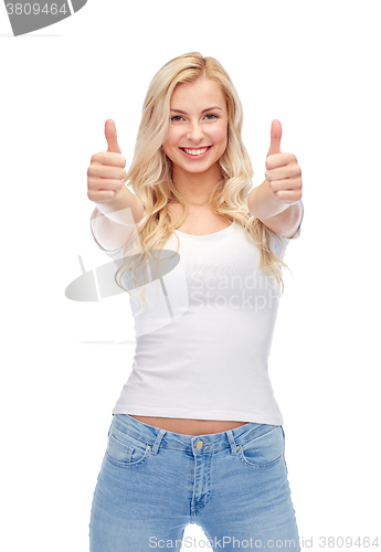 Image of happy young woman or teenage girl in white t-shirt