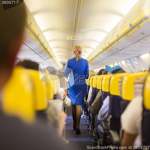 Image of Stewardess and passengers on commercial airplane.