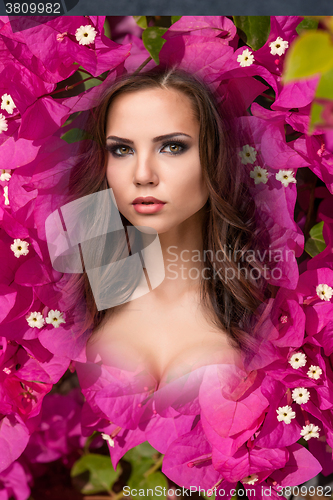 Image of The beauty young woman with flowers of pink bougainvillea