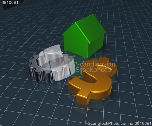 Image of house, gear wheel and dollar symbol