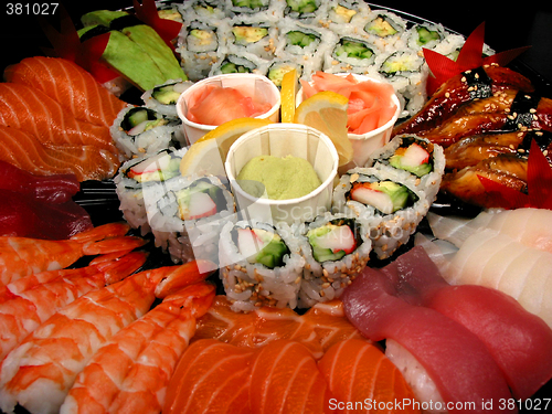 Image of Sushi party tray, closeup