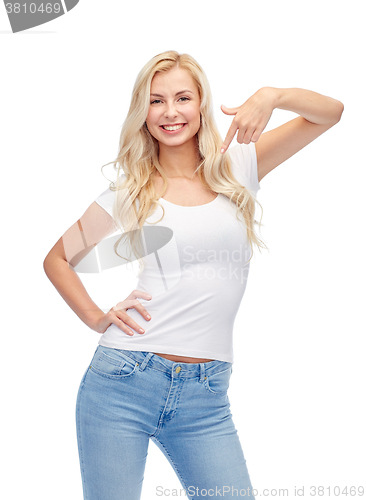 Image of happy young woman or teenage girl in white t-shirt