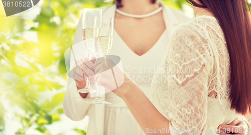 Image of close up of lesbian couple with champagne glasses