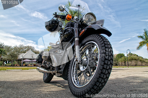Image of low angle view of vintage motorcycle