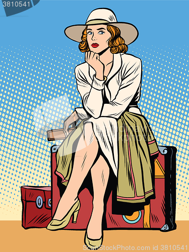 Image of retro girl passenger with a ticket