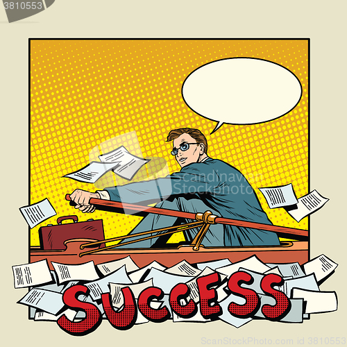 Image of businessman rowing boat to success