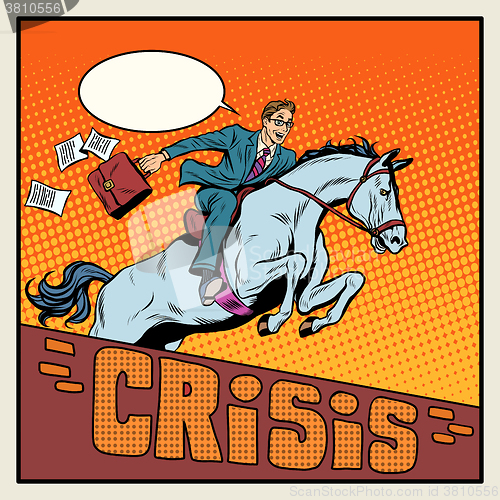 Image of Businessman on a horse jumping barrier crisis