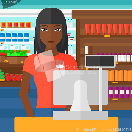 Image of Saleslady standing at checkout.