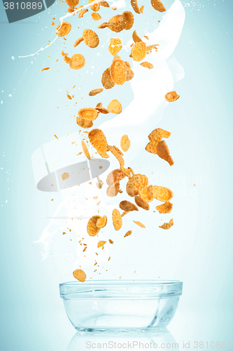 Image of The cornflakes falling with milk stream