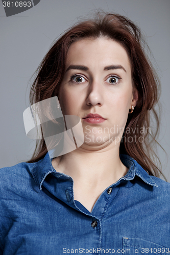 Image of Portrait of young woman with shocked facial expression