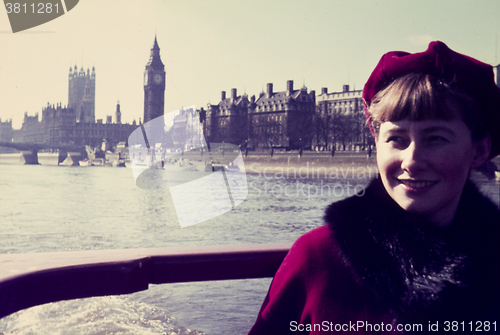 Image of Original vintage colour slide from 1960s, young woman poses for 