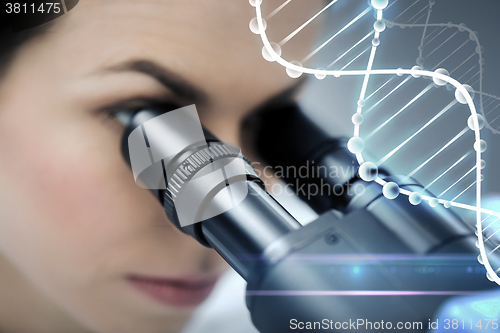 Image of close up of scientist looking to microscope in lab