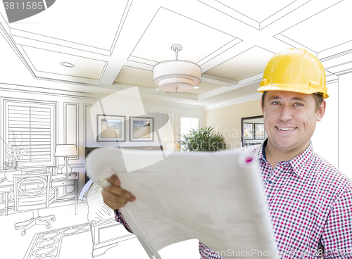 Image of Contractor in Hard Hat Over Custom Bedroom Drawing and Photo