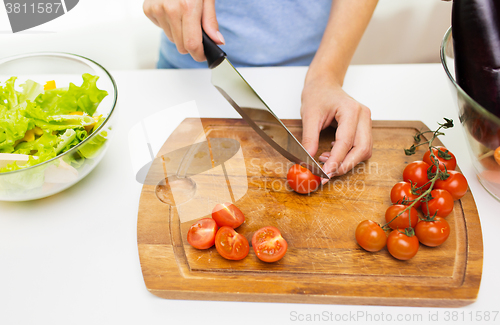 Image of close up of woman chopping tomatoes with knife