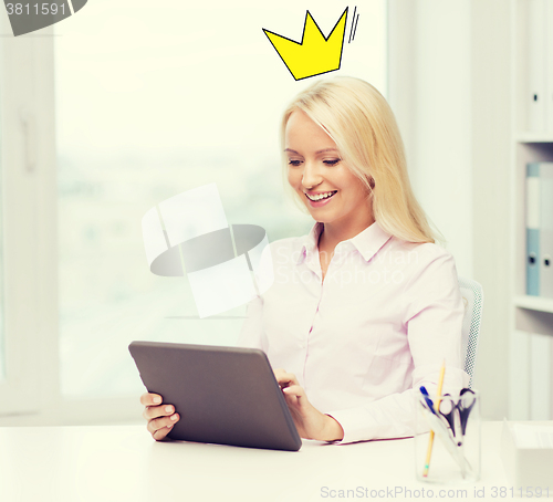 Image of smiling businesswoman or student with tablet pc