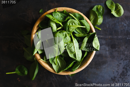 Image of Fresh spinach leaves in a wooden bowl