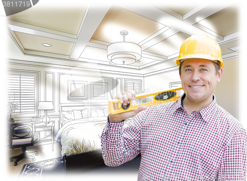 Image of Contractor in Hard Hat Over Custom Bedroom Drawing and Photo