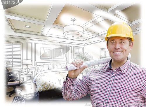 Image of Contractor in Hard Hat Over Custom Bedroom Drawing and Photo