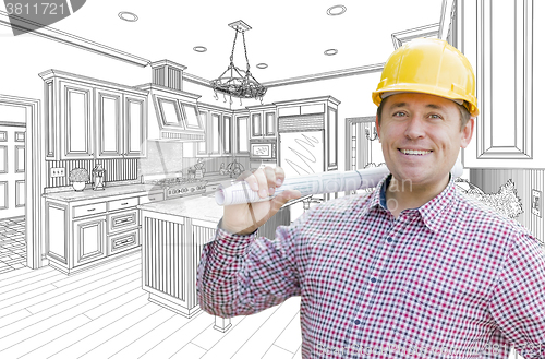 Image of Contractor in Hard Hat Over Custom Kitchen Drawing