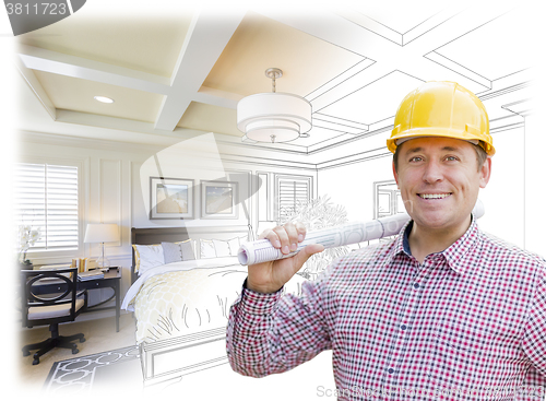 Image of Contractor in Hard Hat Over Custom Bedroom Drawing and Photo