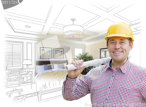 Image of Contractor in Hard Hat Over Custom Bedroom Drawing and Photo