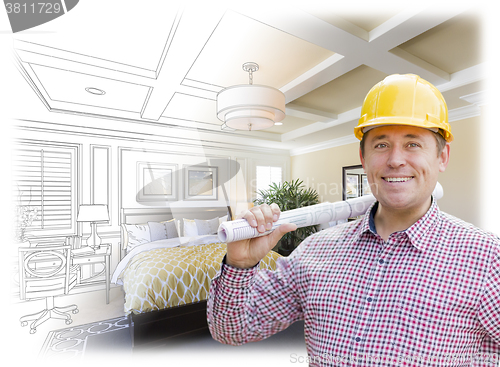 Image of Contractor in Hard Hat Over Custom Bedroom Drawing and Photo