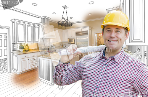 Image of Contractor in Hard Hat Over Custom Kitchen Drawing and Photo