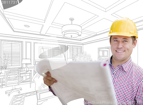 Image of Contractor in Hard Hat Over Custom Bedroom Drawing