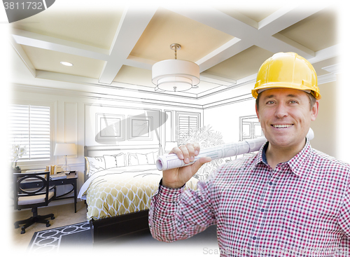 Image of Contractor in Hard Hat Over Custom Bedroom Drawing and Photo