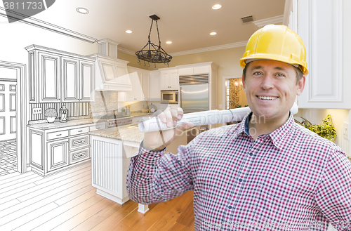 Image of Contractor in Hard Hat Over Custom Kitchen Drawing and Photo