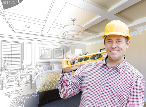 Image of Contractor in Hard Hat Over Custom Bedroom Drawing and Photo