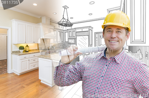 Image of Contractor in Hard Hat Over Custom Kitchen Drawing and Photo