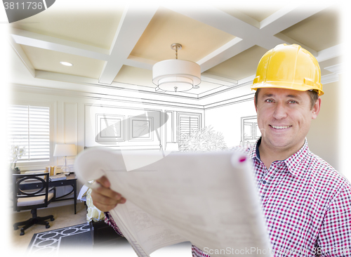 Image of Contractor in Hard Hat Over Custom Bedroom Drawing and Photo