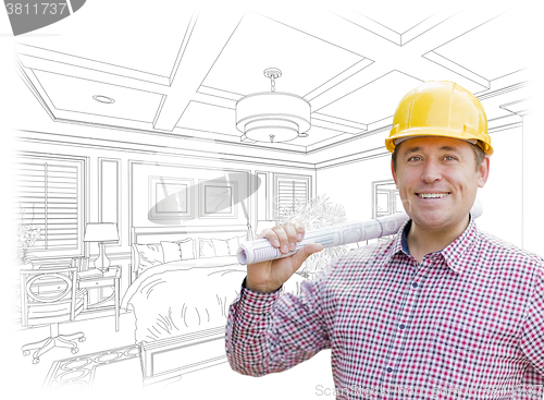 Image of Contractor in Hard Hat Over Custom Bedroom Drawing