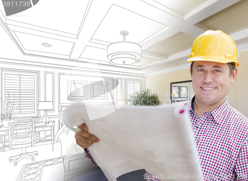 Image of Contractor in Hard Hat Over Custom Bedroom Drawing and Photo