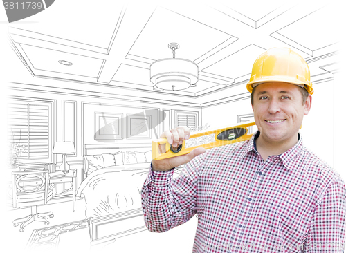 Image of Contractor in Hard Hat Over Custom Bedroom Drawing and Photo