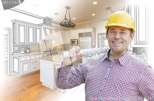 Image of Contractor in Hard Hat Over Custom Kitchen Drawing and Photo