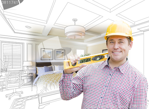 Image of Contractor in Hard Hat Over Custom Bedroom Drawing and Photo