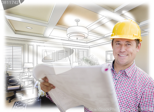 Image of Contractor in Hard Hat Over Custom Bedroom Drawing and Photo