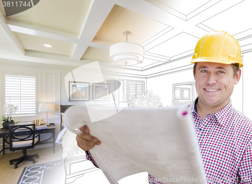 Image of Contractor in Hard Hat Over Custom Bedroom Drawing and Photo