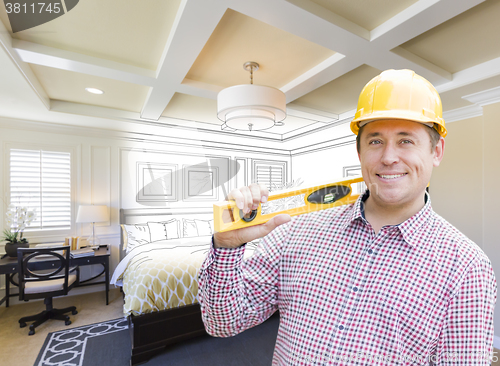 Image of Contractor in Hard Hat Over Custom Bedroom Drawing and Photo