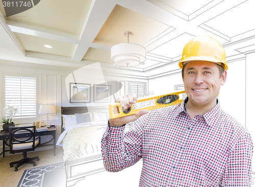 Image of Contractor in Hard Hat Over Custom Bedroom Drawing and Photo