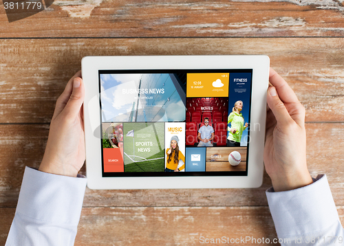 Image of close up of hands with news app on tablet pc