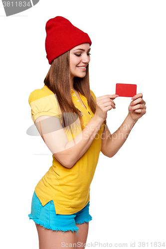 Image of Teen funky girl standing with a frame