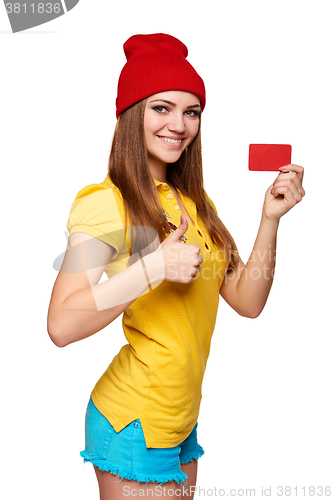 Image of Teen funky girl standing with a frame