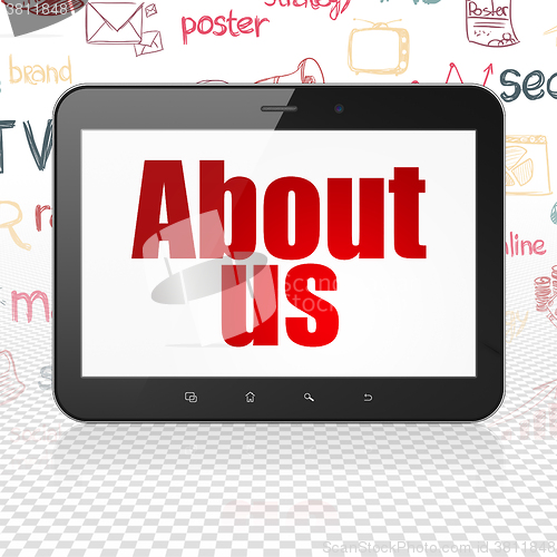 Image of Advertising concept: Tablet Computer with About Us on display