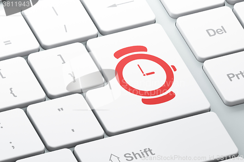 Image of Timeline concept: Hand Watch on computer keyboard background