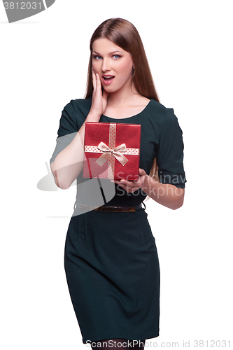 Image of Surprised woman with gift box